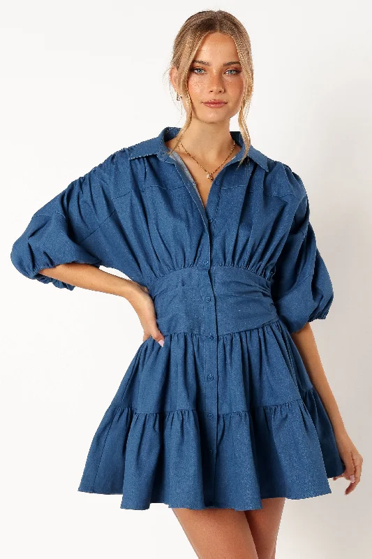 Francis Long Sleeve Mini Dress - Blue Denim Cozy T-Shirt Mini Dress