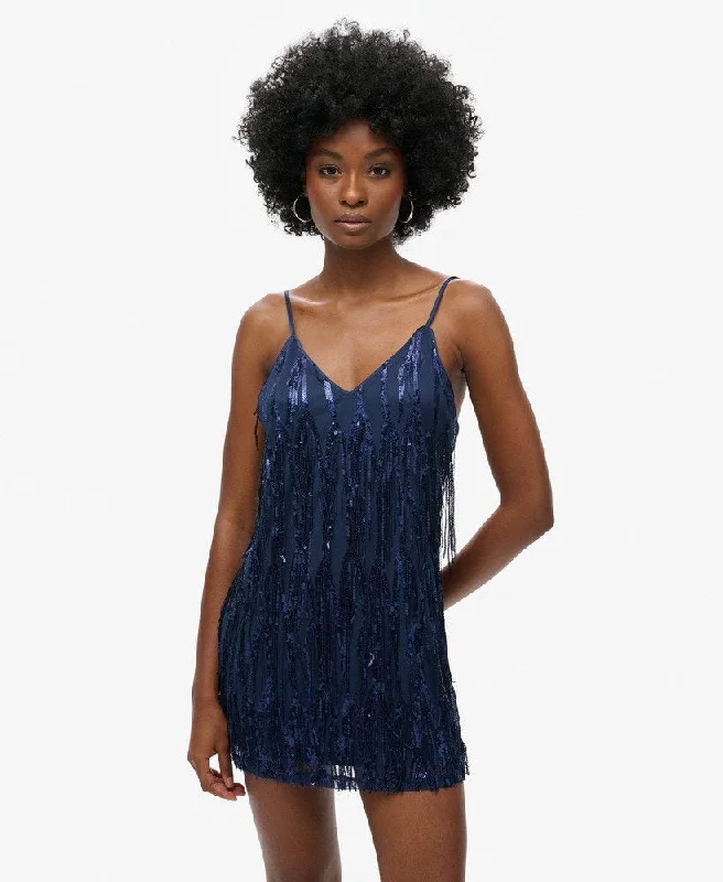 Fringe V Neck Cami Mini Dress | Navy Sequin Elegant Velvet Mini Dress