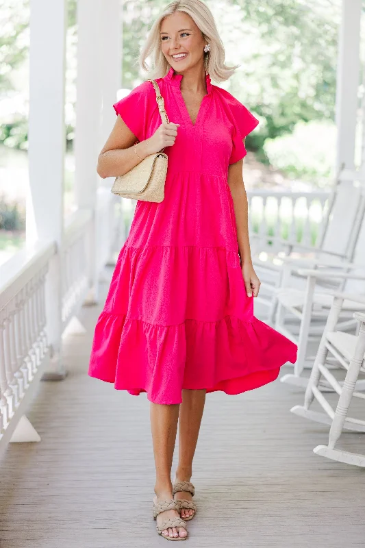 Fully Invested Fuchsia Pink Midi Dress Stylish Off-Shoulder Ruffle Dress