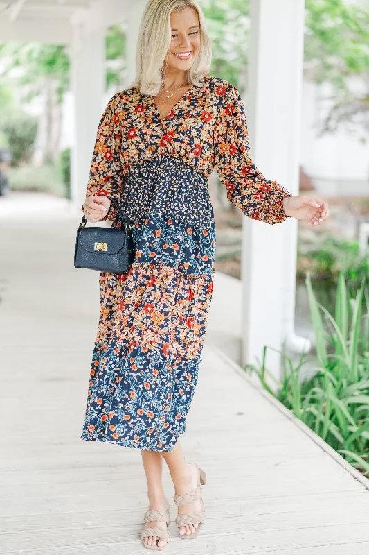 Go For It Navy Blue Ditsy Floral Midi Dress Trendy Smocked Detail Midi Dress