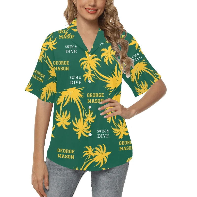 Green and Yellow George Mason Swim and Dive Team Fan Womens Hawaiian Shirt High-Waist Bikini Set