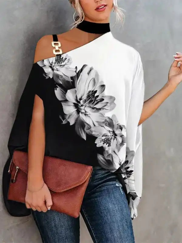 Halter Neck Dolman Sleeve Print Shirt Ladies Shirt Women’s Clothing Fashionable Rounded Short Shirt