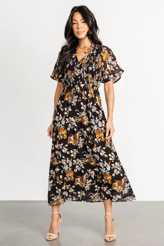 Hathaway Midi Dress | Black Floral Elegant Maxi-Midi Hybrid Dress