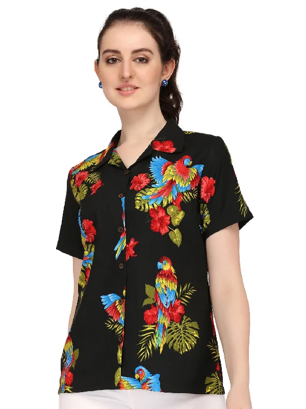 Hawaiian Shirt Women Parrot Flower Aloha Beach Camp Swim Top Blouse Modern High-Waisted Swimsuit