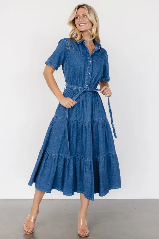 Henrietta Midi Dress | Denim Blue Trendy Off-Shoulder Ruffle Midi Dress