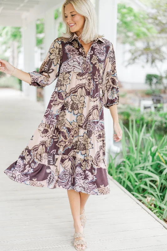 Here For The Day Brown Floral Midi Dress Cozy Ribbed Knit Midi Dress