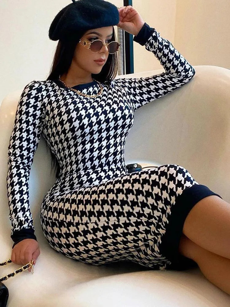 Houndstooth Long Sleeve Hollow Out Bodycon Sexy Autumn Winter Club Elegant Slim Midi Dresses Stylish Button-Up Midi Dress