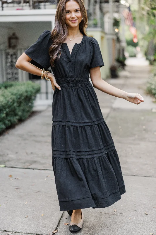 It's In The Air Black Tiered Midi Dress Trendy Ruched Side Midi Dress