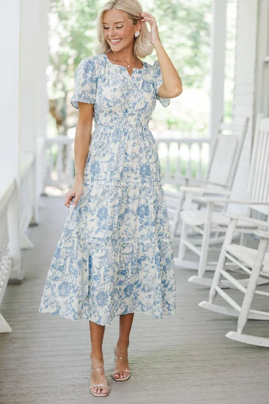 It's In The Air Blue Toile Tiered Midi Dress Cozy A-Line Midi Dress