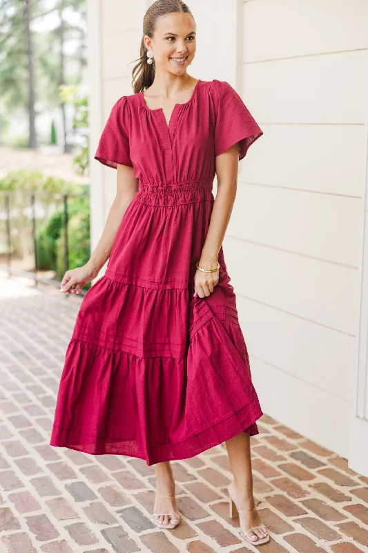 It's In The Air Burgundy Red Tiered Midi Dress Stylish Halter Neck Midi Dress