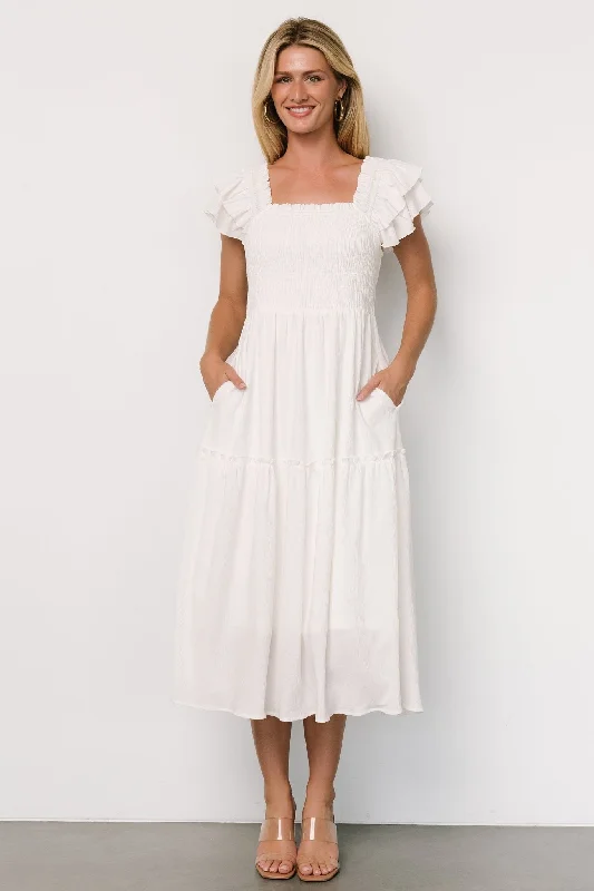 Jacie Smocked Midi Dress | White Trendy Midi Dress with Belt