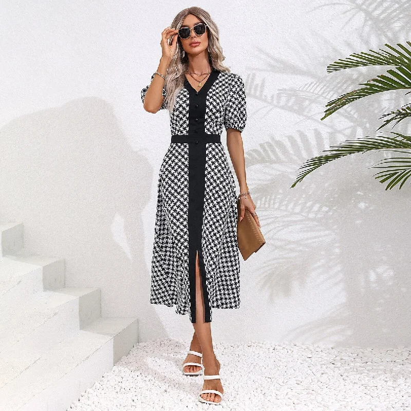 Janice Summer Casual Puff Sleeve Slit Midi Dress Fashionable Pencil Midi Dress