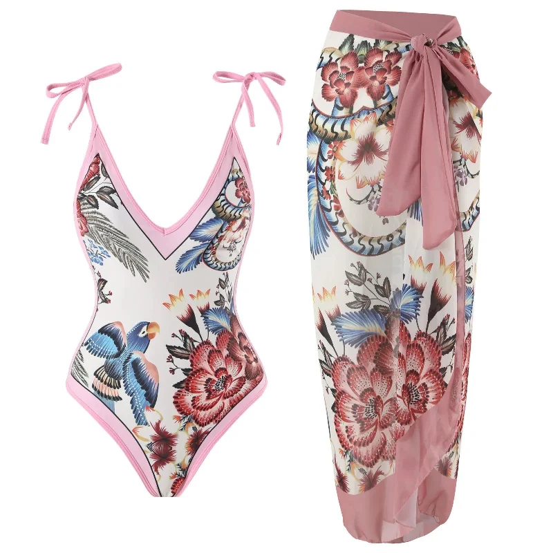 Jerry Blush Swimsuit with Sarong Skirt High-Waisted Swimwear