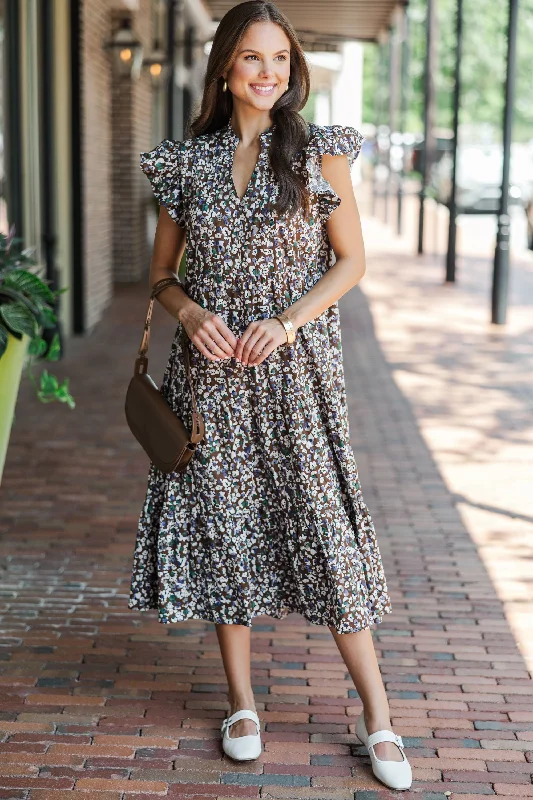 Just For Today Brown Ditsy Floral Midi Dress Stylish Color Block Midi Dress