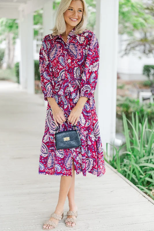 Just Having Fun Wine Red Paisley Midi Dress Elegant Pleated Detail Midi Dress