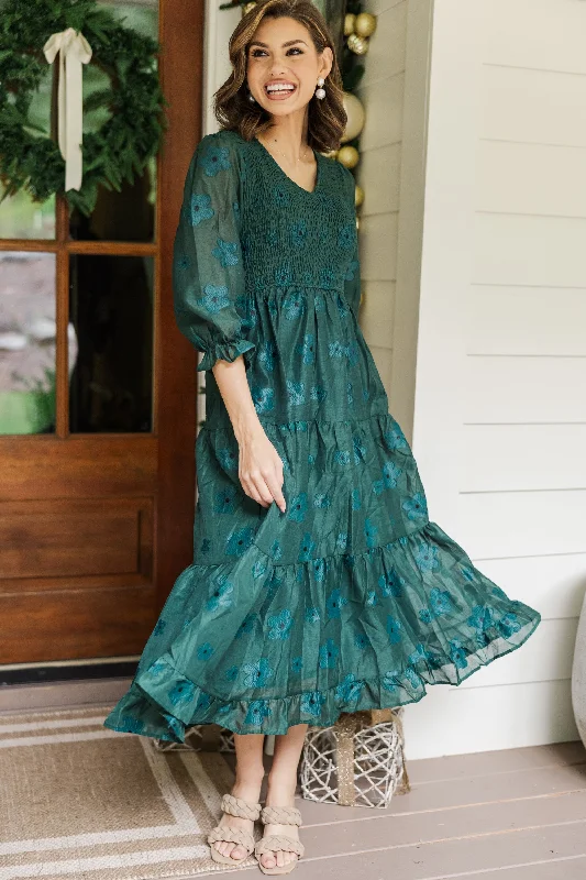 Just To Know You Emerald Green Floral Midi Dress Cozy Wide Strap Midi Dress