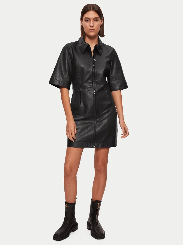 Leather Mini Dress | Black Comfortable Fit-and-Flare Mini Dress