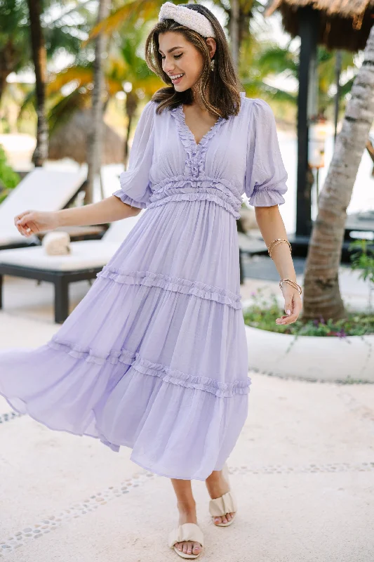 Living In A Dream Lavender Purple Ruffled Midi Dress Cozy Ribbed Knit Midi Dress