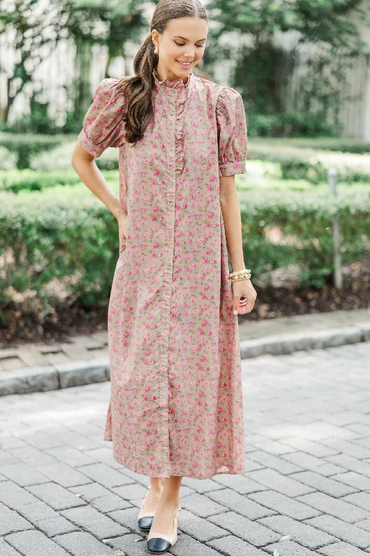 Living In A Fairy Tale Camel Brown Ditsy Floral Midi Dress Fashionable One-Shoulder Midi Dress