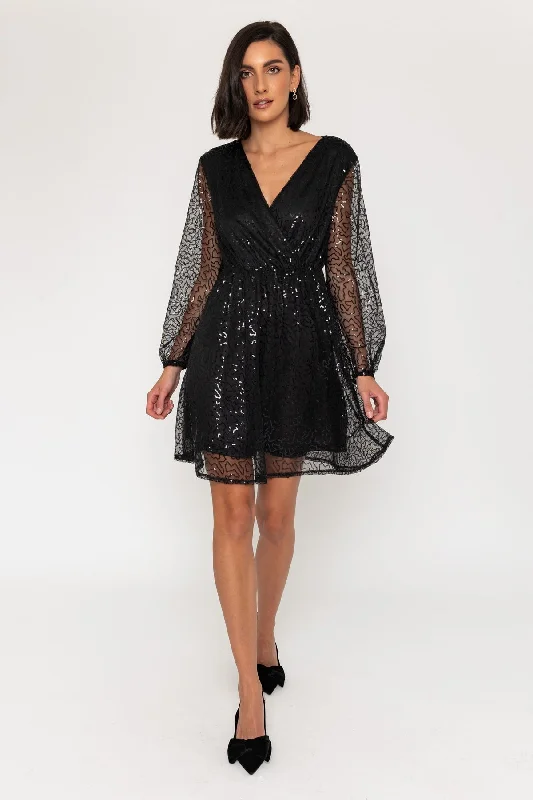 Long Sleeve Sequin Mini Dress in Black Comfortable Casual Mini Dress