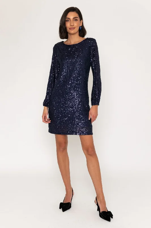 Long Sleeve Sequin Shift Mini Dress in Blue Fashionable Off-Shoulder Mini Dress