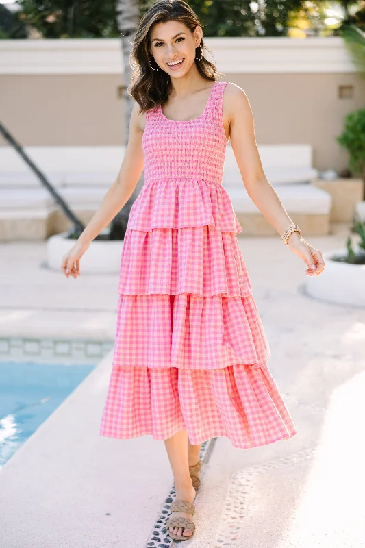 Look Your Way Pink Gingham Midi Dress Stylish Pleated Skirt Midi Dress