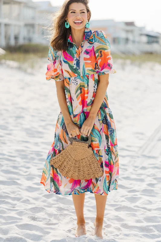 Looking For Fun Multi-Colored Tropical Midi Dress Trendy Knit Midi Dress