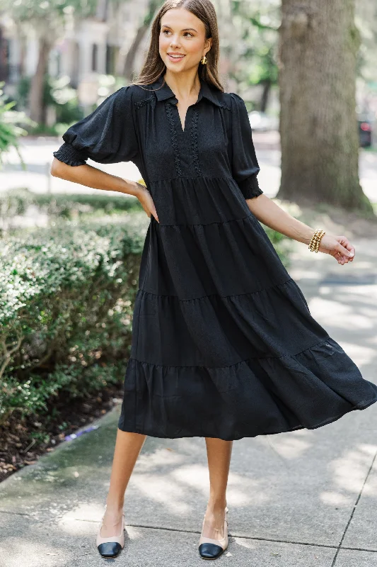 Looking For You Black Tiered Midi Dress Fashionable A-Line Midi Dress