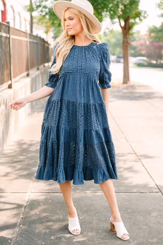 Making Moves Navy Blue Eyelet Midi Dress Elegant Pleated Detail Midi Dress