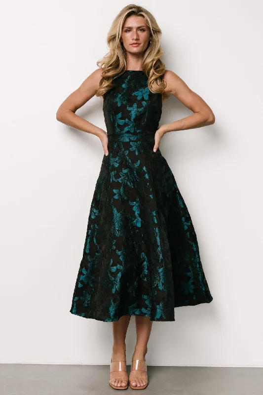 Maren Embossed Midi Dress | Black + Teal Floral Trendy Mock Neck Midi Dress