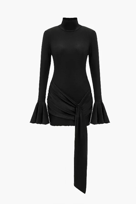 Solid Knotted Bell Sleeves Mini Dress Classic Black Mini Dress