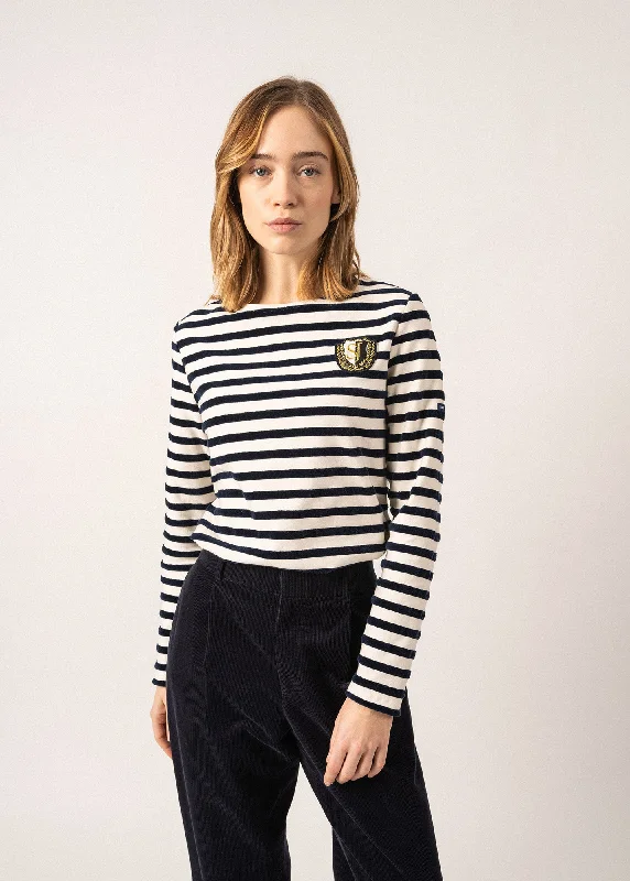 Méridame Campus Breton Shirt - with embroidered SAINT JAMES crest (ECUME/MARINE) Trendy Button-Front Short Sleeve