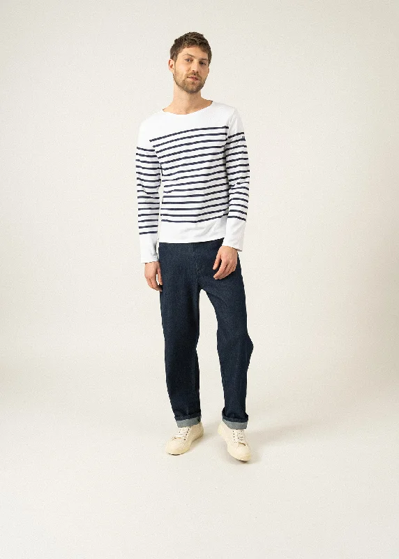 Naval authentic striped sailor shirt - in combed cotton (NEIGE/MARINE) Classic V-Neck Short Shirt