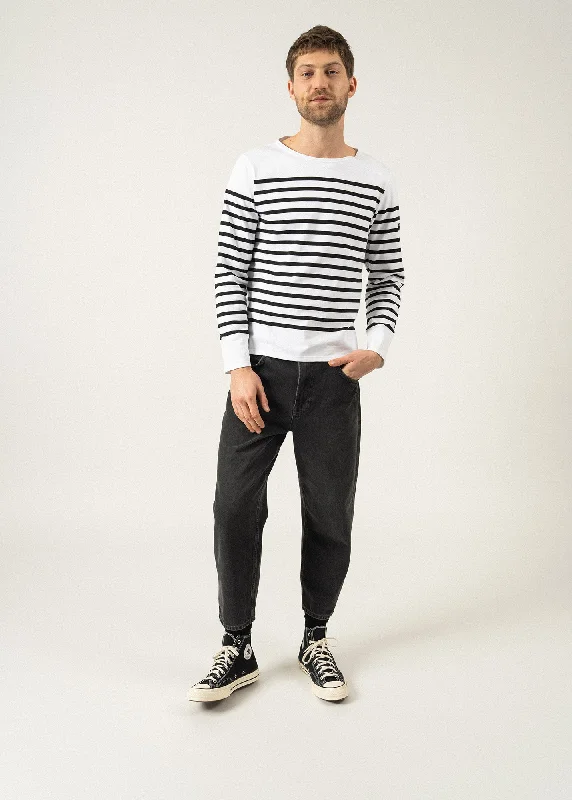 Naval authentic striped sailor shirt - in combed cotton (NEIGE/NOIR) Classic Solid Short Shirt