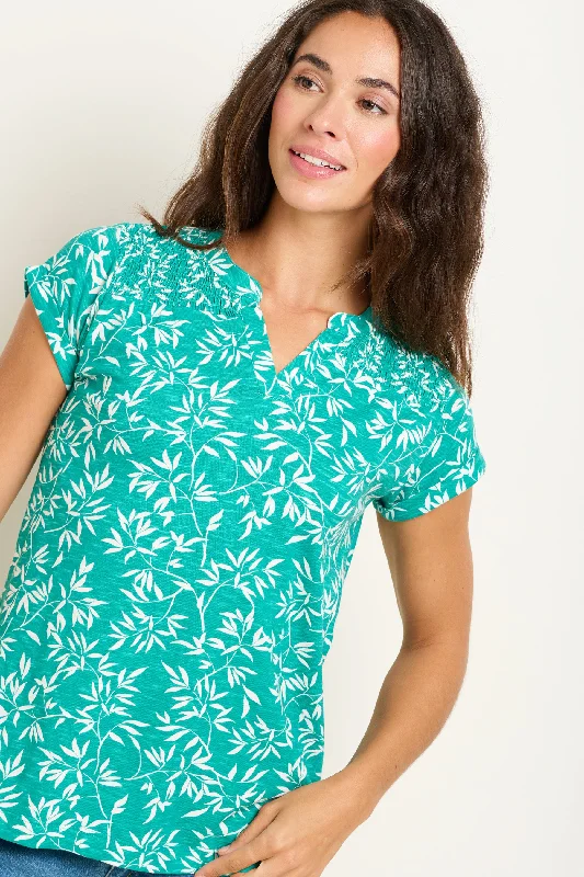 Notch Neck  Bamboo Leaves Tshirt Trendy Floral Print Tee