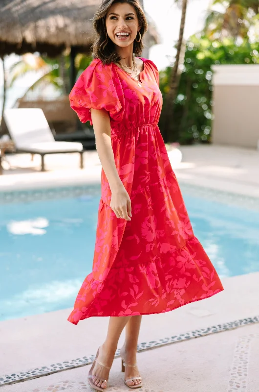 Odds Are In Your Favor Red Floral Midi Dress Comfortable Draped Midi Dress