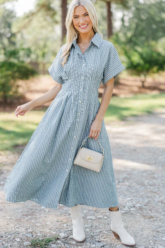 On Your Radar Dusty Olive Striped Midi Dress Fashionable Floral Embroidery Midi Dress