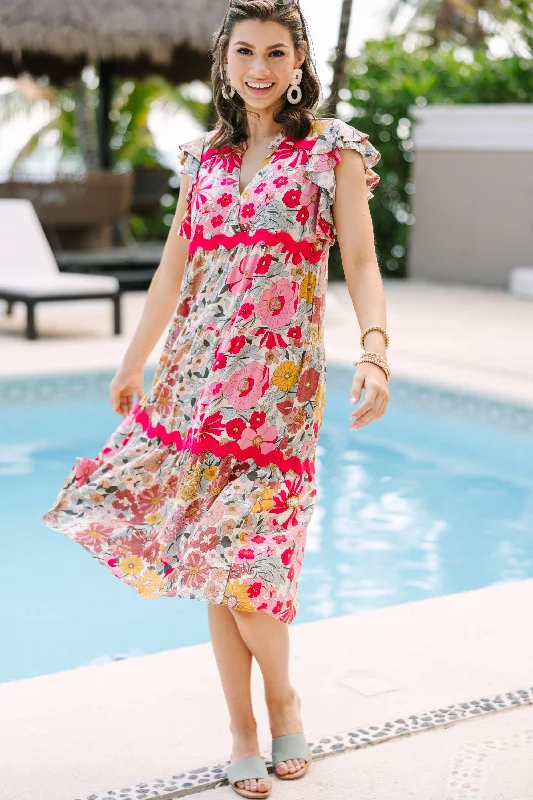 Open Your Heart Rose Pink Floral Midi Dress Comfortable Button Front Midi Dress