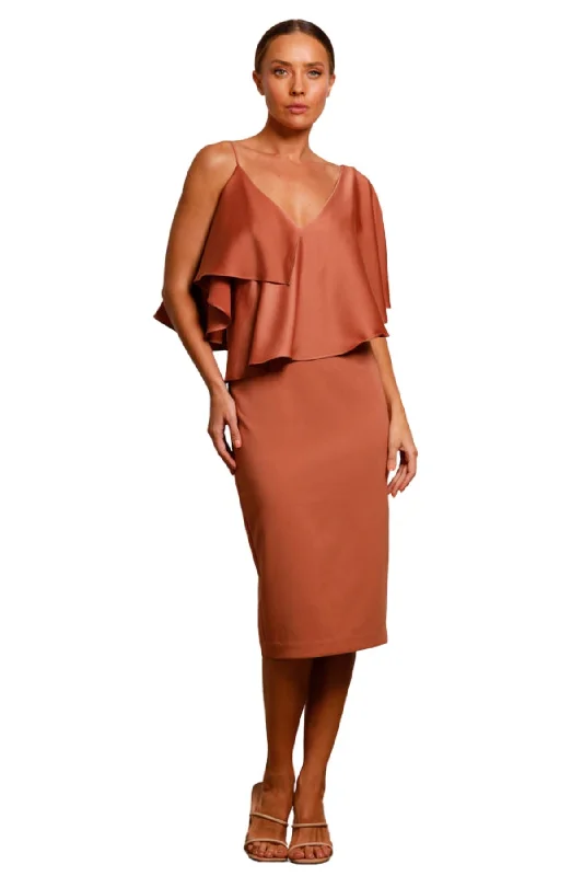 BUY IT PASDUCHAS Siren Drape Midi Dress (Cinnamon) Elegant Faux Wrap Midi Dress