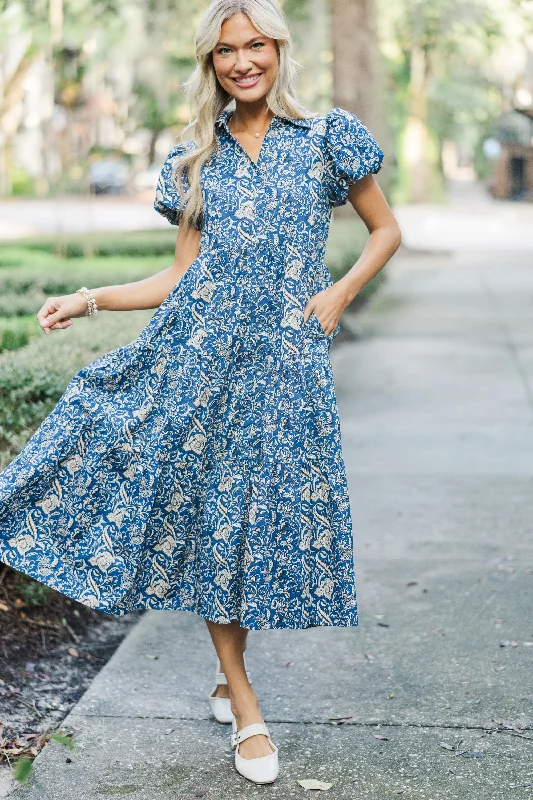 Perfect For You Navy Paisley Button Down Midi Dress Fashionable Skater Midi Dress