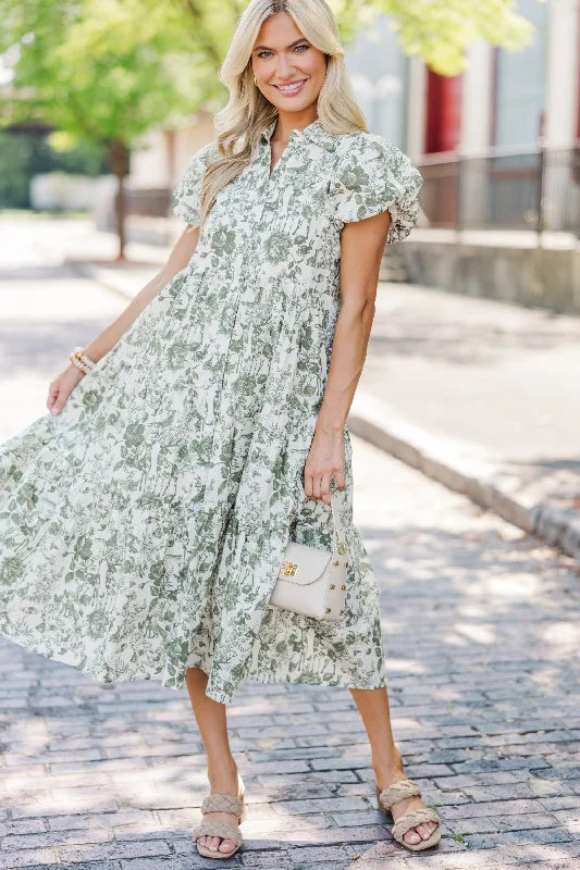 Perfect For You Olive Green Toile Button Down Midi Dress Fashionable Casual Midi Dress