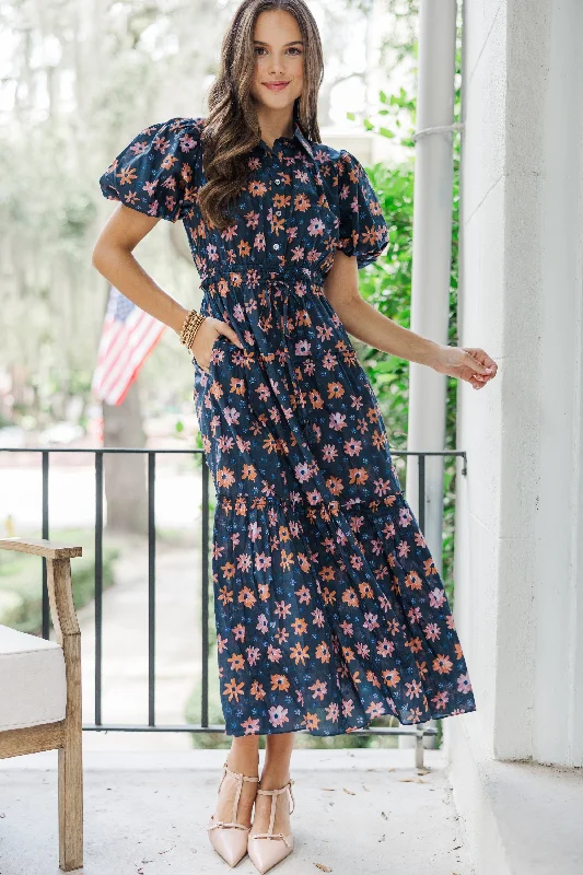 Pinch: Looking Your Way Navy Blue Floral Midi Dress Cozy Spaghetti Strap Midi Dress