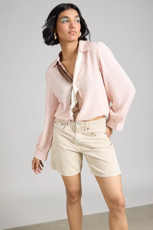 Pink Shirt With Ribbon Tie Elegant Button-Down Short Shirt