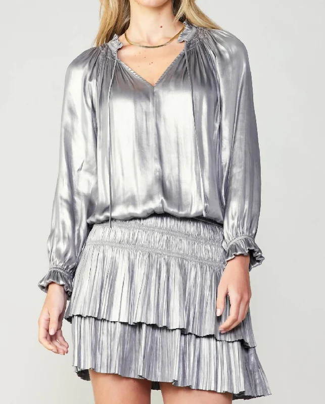 Pleated Long Sleeve Mini Dress In Silver Comfortable Wrap Mini Dress