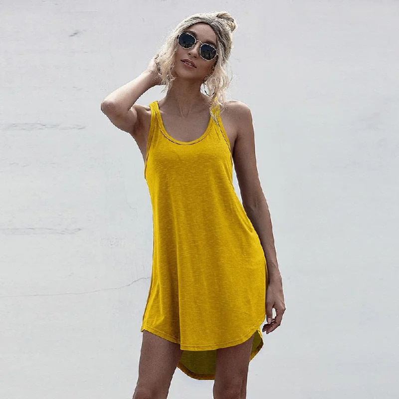 DressBetty - Plus Size Casual O-neck Sleeveless Women Tank Dress Summer Loose Off Shoulder Asymmetrical Cotton Mini Dress Woman Streetwear Casual Button-Up Mini Dress