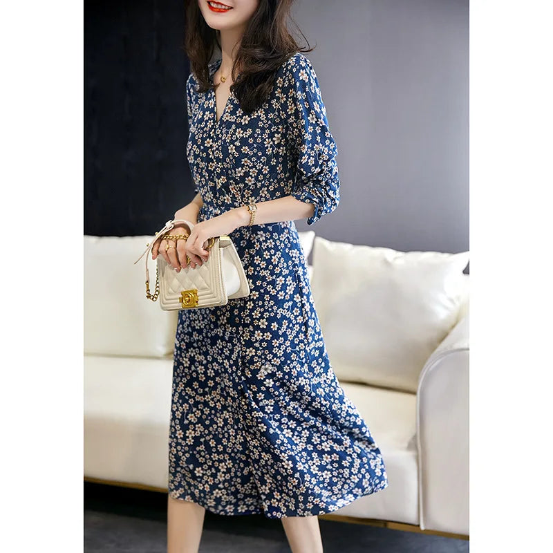 Printed Clear Pear Flower French Style Slimming Mulberry Silk Tea Midi Dresses Elegant Puff Sleeve Midi Dress