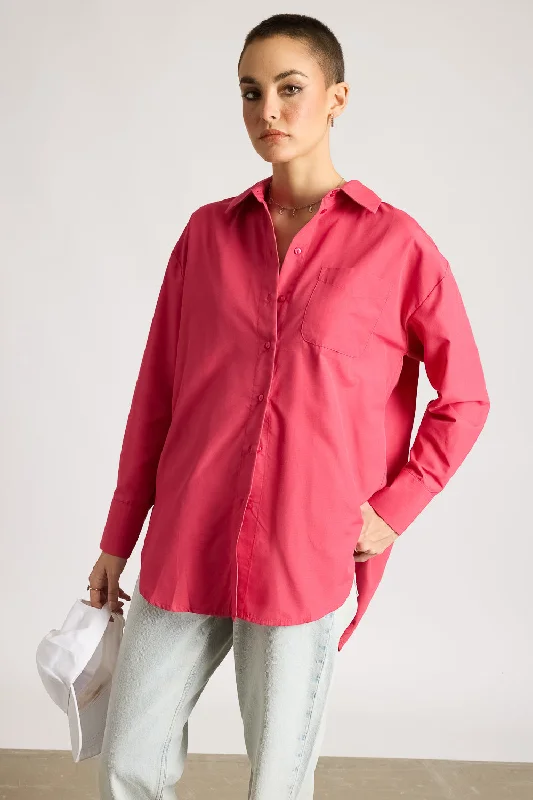 Relaxed Fit Cotton Women's Shirt- Pink Fashionable Tied Short Sleeve