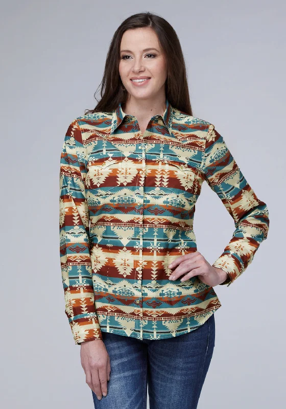 Roper Womens Horizontal Aztec Serape Multi-Color 100% Cotton L/S S/L Shirt Casual Button-Up Short Tee