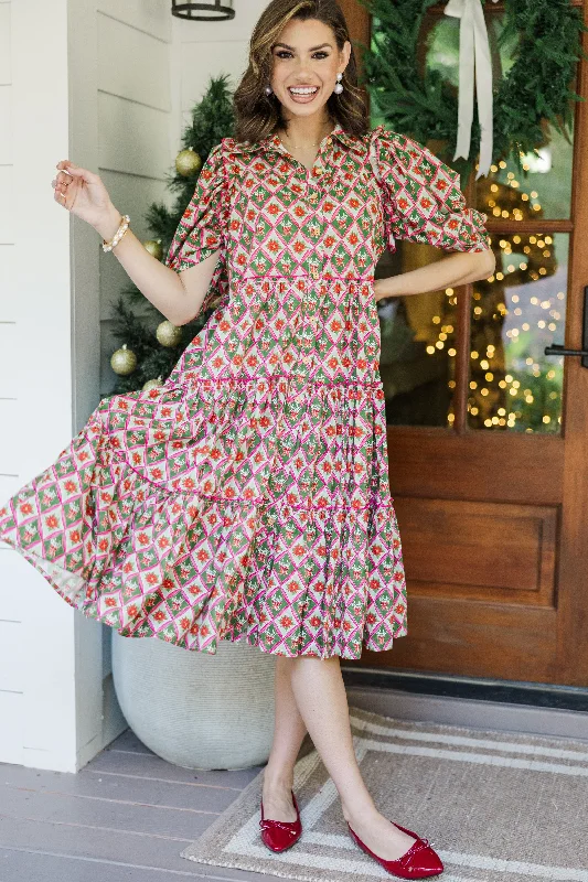 Run To You Green Holiday Medallion Print Midi Dress Elegant Pleated Sleeve Midi Dress