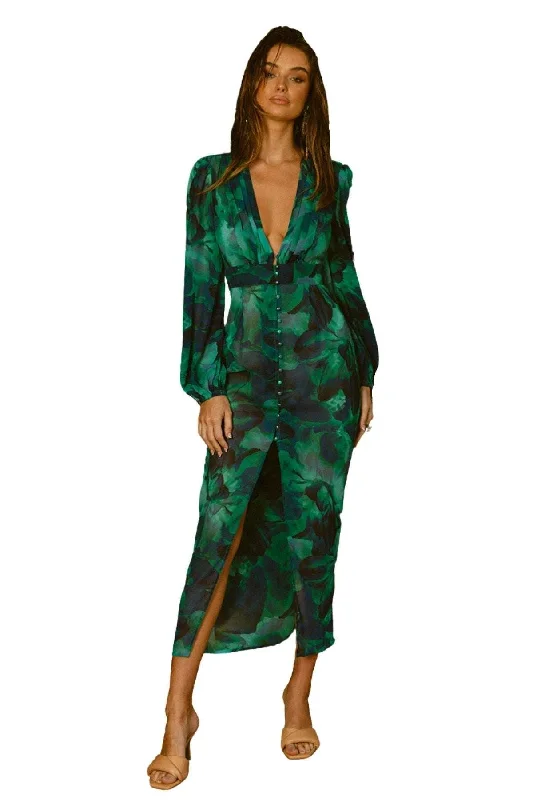 RUNAWAY LABEL Calista Midi Dress (Green) Elegant Faux Wrap Midi Dress